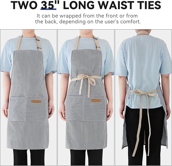 NLUS 2 Pack Cooking Aprons for Women with Pockets, Adjustable Kitchen Bib Aprons Chef Aprons for Women Men(Blue Pinstripes) - Image 5
