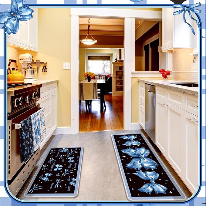 Fourluoo 10 Pcs Blue Bow Kitchen Decor Set Dish Towels Kitchen Rugs Oven Mitts and Pot Holders for Cooking Baking Grilling Women Mom Gift