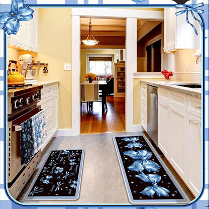 Fourluoo 10 Pcs Blue Bow Kitchen Decor Set Dish Towels Kitchen Rugs Oven Mitts and Pot Holders for Cooking Baking Grilling Women Mom Gift