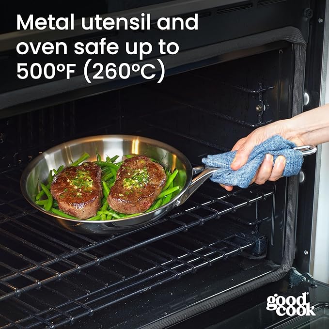 GoodCook Stainless Steel Fry Pan 12-Inch, Oven-Safe to 500F & Induction-Safe Compatible with All Stovetops 3-Layer Construction for Even Heating Non-Toxic PTFE & PFOA Free, Silver