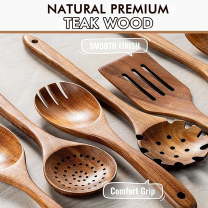 Wooden Spoons for Cooking, 10 Pcs Natural Teak Wood Kitchen Utensils Set, Comfortable Grip Wooden Utensil Set for Nonstick Pans & Cookware, Heat Resistant Wooden Spoons Wooden Spatulas Set - Image 2