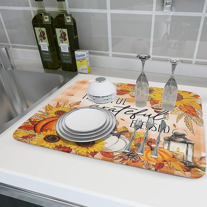 Giwawa Autumn Pumpkins Dish Drying Mat for Kitchen Countertop, Fall Sunflowers Thankful Grateful Blessed Dish Drainer Mats 18x24in, Thanksgiving Harvest Decorative Reversible Dish Drying Pad