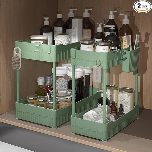 Sevenblue 2 Pack Under Sink Organizer, Under Bathroom Cabinet Organizer with Hooks Hanging Cup, Multi-Purpose Storage Shelf for Kitchen Bathroom (Green, 14.8 Inch) by Sevenblue