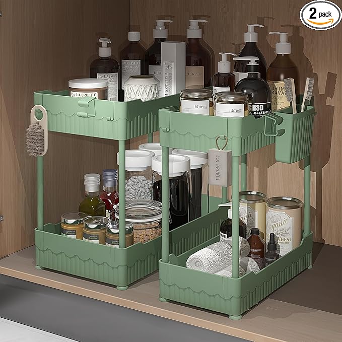 Sevenblue 2 Pack Under Sink Organizer, Under Bathroom Cabinet Organizer with Hooks Hanging Cup, Multi-Purpose Storage Shelf for Kitchen Bathroom (Green, 12.8 Inch) by Sevenblue