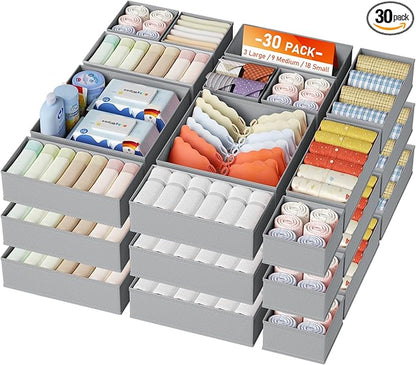 DIMJ Drawer Organizer Clothes, 30 Pack Dresser Organizer, Foldable Closet Organizers and Storage, Fabric Dresser Bins, Drawer Dividers for Nursery, Baby Clothes, Underwears, Sock,Gray by DiMJ