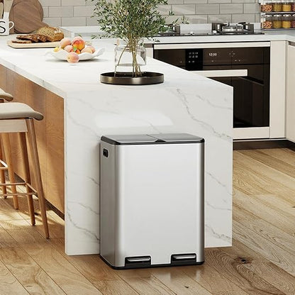 PayLessHere Trash Can, 16 Gallon (2x8G) 60 Liter Rectangular Trash Cans Stainless Steel Step Trash Can with Inner Buckets and Hinged Lids, Suitable for Kitchen Office Home Use,Silver - Image 2