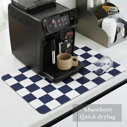 Ohocut Checkered Dish Drying Mat for Kitchen Counter, Coffee Bar Station Accessories, Retro Cute Aesthetic Modern Absorbent Drainer Mat Kitchen Drying Mat Easy Clean (Navy Blue, 24" x 16") - Image 4
