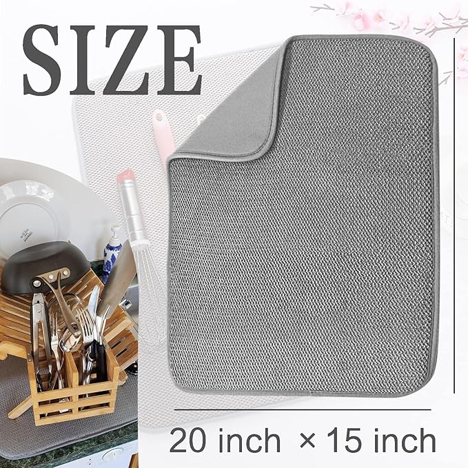 2 Pack Microfiber Dish Drying Mat,Absorbent Dish Drainer Kitchen Counter,Super Absorbent Dish Drying Pads 20×15 Inch Grey - Image 2