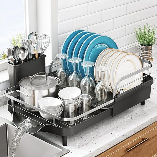 SNTD Dish Drying Rack, Expandable Dish Rack for Kitchen Counter, Stainless Steel Dish Drainer with Drainboard Set and Utensil Holder (Black) by SNTD