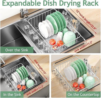 Fanbsy Dish Drying Rack in Sink, Extendable Stainless Steel Dish Drainers for Kitchen Counter, Anti-Rust Dish Dryer Rack with Utensil & Cup Holders, for Inside Sink, Over The Sink