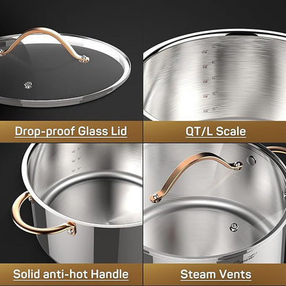 Ciwete Stock Pot 12 Quart, 18/10 Tri-Ply Stainless Steel Whole Clad Stock Pot with Lid, Seamless 12 QT Cooking Pot with Copper Handle, Healthy Stockpots, Induction, Gas, Oven and Dishwasher Safe - Image 2