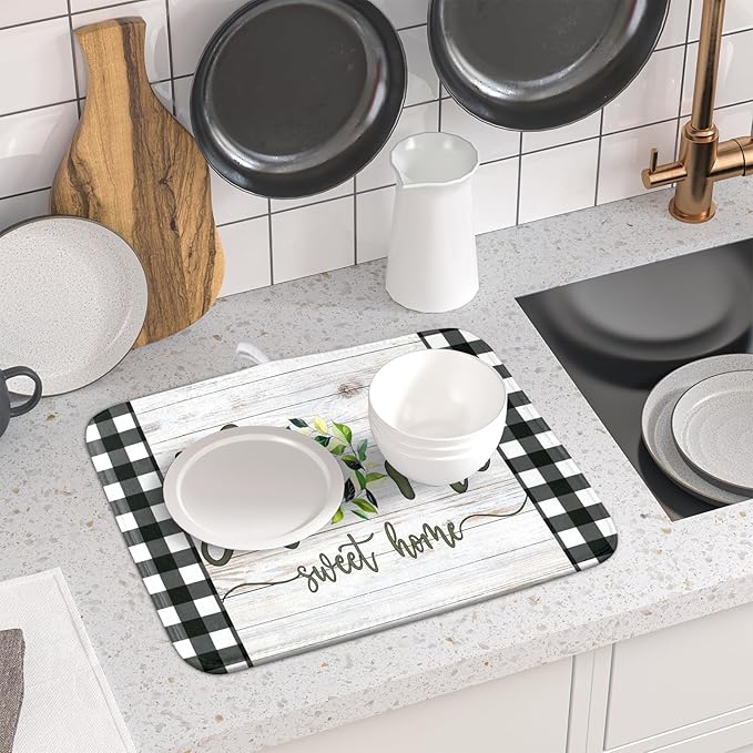 Giwawa Home Sweet Home Dish Drying Mat 16x18 Inch Spring Summer Green Leaf Wreath Dish Drainer Mats Rustic Wood Board Microfiber Dish Drying Rack Pad for Kitchen Countertop Farmhouse Decor