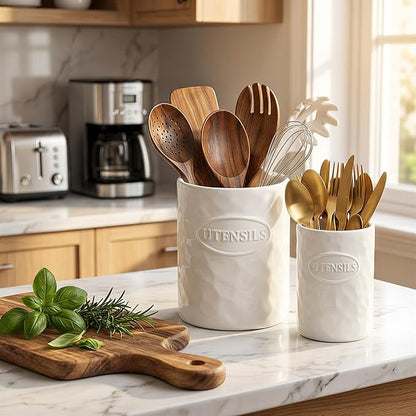 White Utensil Holder Set of 2 Ceramic Cooking Utensil Crock Modern Kitchen Utensil Organizer for Countertop Spatula Spoon and as a Decorative Vase for Housewarming Gift - Image 3