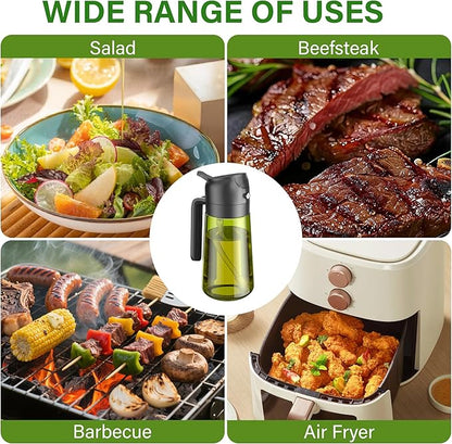 Vakoo Oil Sprayer for Cooking, 2 in 1 Oil Dispenser for Kitchen, 16oz/470ml Light-Blocking Dark Glass Olive Oil Spray Bottle, Air Fryer, Salad & BBQ (Black&Black)