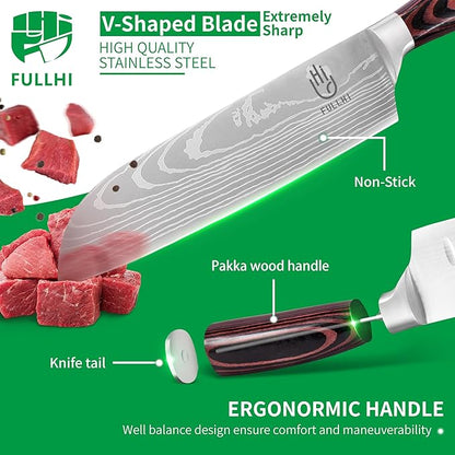 FULLHI 15pcs Japanese Knife Set with Magnetic Knife Block Holder, Japan Stainless Steel Blades, Ergonomic Handles for Professional and Home Cooking（Coffee wood, Magnetic Block Knife Set)