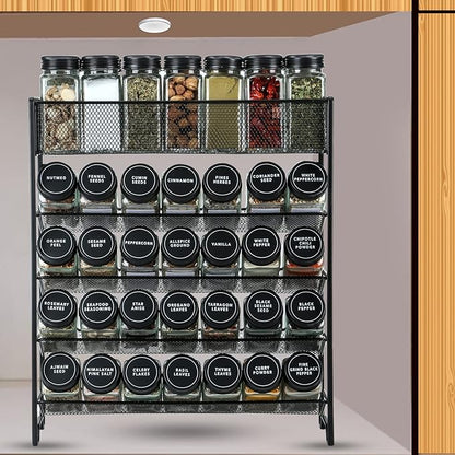 Skiileor Spice Rack Organizer with 28 Spice Jars, Black Lids，Spice Labels, Chalk pen and Funnel Set for Cabinet, Countertop, Pantry, Cupboard or Wall Mount - Image 5