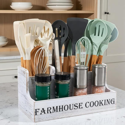 LIBODOUR Utensil Holder,Utensil Holder Kitchenfor Counter,Cooking Spatula Organizer With 4 Compartments,Farmhouse Wooden Storage Rustic Flatware Spoon Tool Organizer(White Grain)