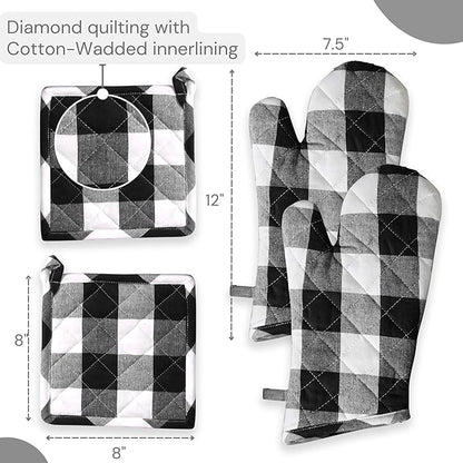 Oven Mitt & Pot Holder Buffalo Plaid Check 100% Cotton Heat Resistant Oven Gloves (7"x13") & Hot Pads (8"x8") Combo for Baking, Cooking - Black