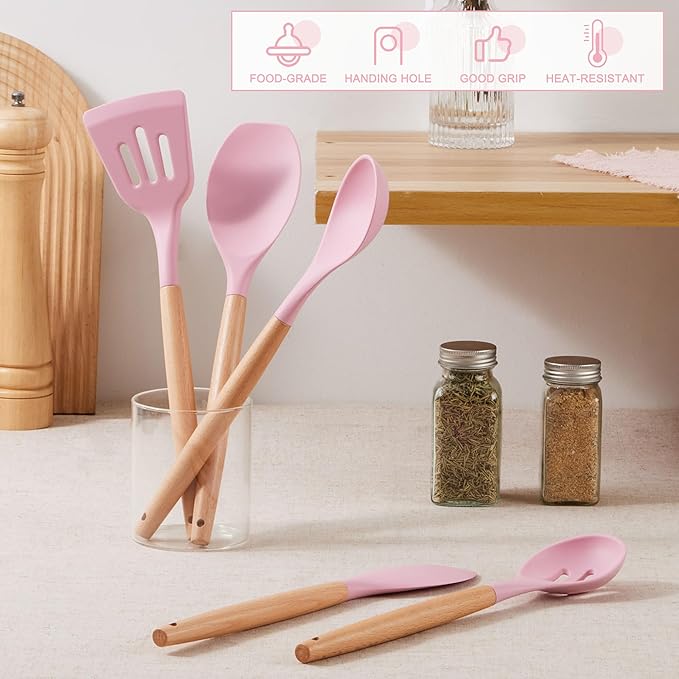 E-far Silicone Cooking Utensils Set, 5-Piece Kitchen Utensils Set with Wooden Handle for Cooking, Silicone Kitchen Nonstick Tools Spatula Turner Slotted Spoons, Nontoxic & Heat Resistant-Pink - Image 5