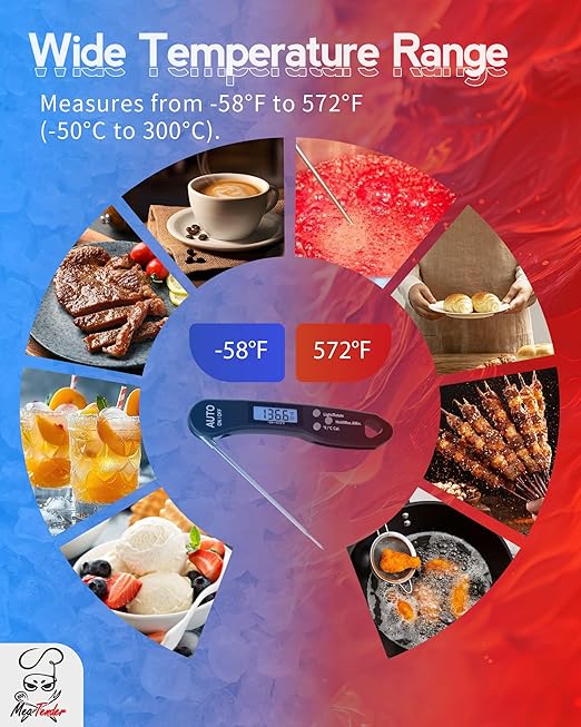 5 PCs Instant Read Meat Thermometer, 1.2s Fast Read, ±1°F Accuracy, -58°F to 572°F, 4.4" Foldable Probe, 0 °C Calibration, Min/Max (Session), Auto-Rotating Backlit Display, °F/°C, Magnetic Back - Image 3