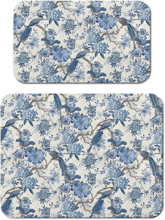 Dish Drying Mat for Kitchen Counter 2 Pack with Non-Slip Rubber Backing - Heat-Resistant Absorbent Coffee Bar Mat, Dish Rack Mat, Blue Flower And Bird Dish Drying Mats 18x24+19.5x12 inch