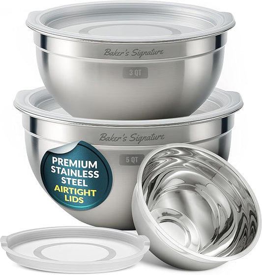 Baker's Signature Stainless Steel Mixing Bowls With Lid, Metal Mixing Bowl Set Of 3, Nesting Set For Food Prep, Baking,Storage, Cooking, Serving | Dishwasher Safe, Silver, 1.5/3/5 Qt by BakersSignature
