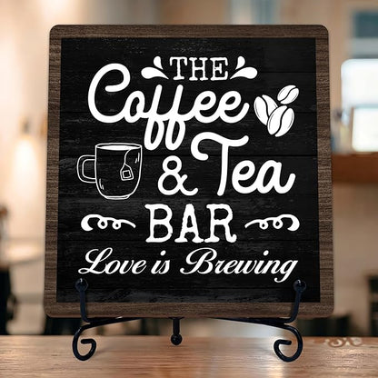 Coffee Bar Sign, Love is Brewing Farmhouse Tabletop Decor, Coffee and Tea Lover Gifts, 5x5 Wood Plaque with Iron Stand for Home Kitchen Cafe, Coffee Bar Decor – L05 by TIRYWT