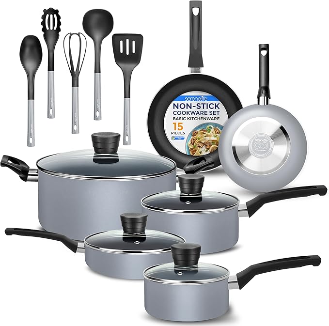 SereneLife Kitchenware Pots & Pans Basic Kitchen Cookware, Black Non-Stick Coating Inside, Heat Resistang Lacquer (11 Piece set), One Size, Gray by SereneLife