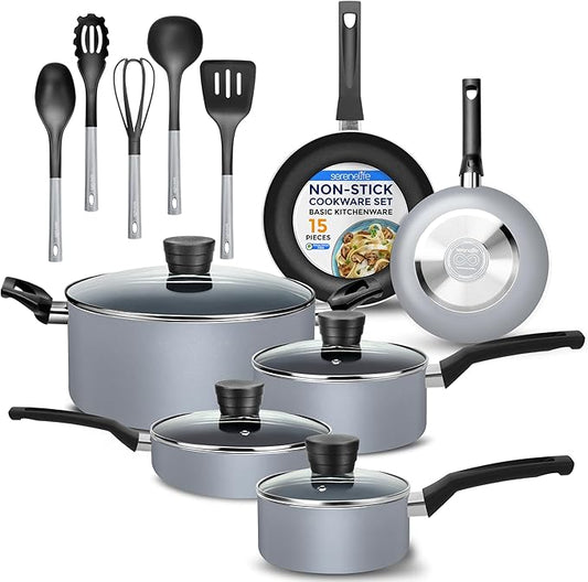SereneLife Kitchenware Pots & Pans Basic Kitchen Cookware, Black Non-Stick Coating Inside, Heat Resistang Lacquer (11 Piece set), One Size, Gray by SereneLife