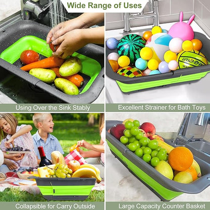 ROTTOGOON 7Qt Collapsible Colander Strainer, Expandable Over the Sink Colander, Adjustable Silicone Kitchen Sink Strainer, Foldable Large Colanders Basket to Wash Vegetable, Fruit, 15" to 19.8", Green