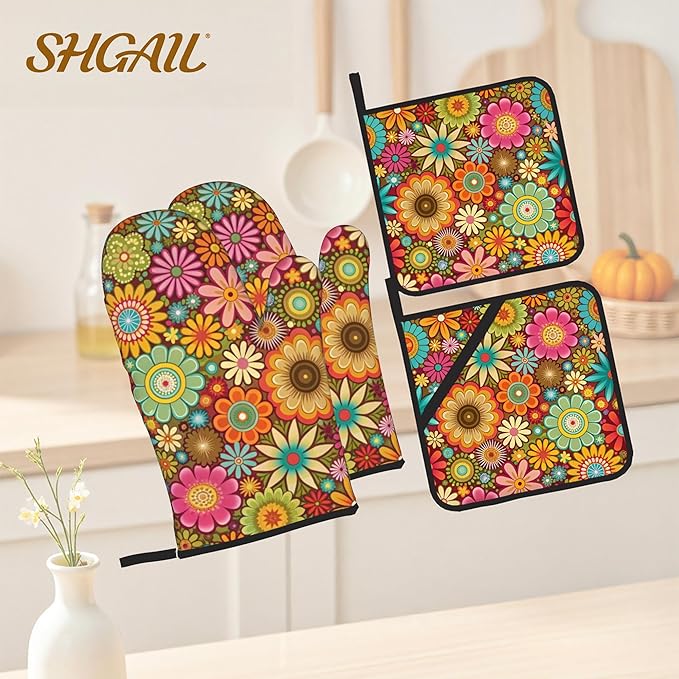 Mandala Flower Pattern Oven Gloves and Hot Pads Set - Heatproof Hand Protection for Baking, Grilling, Cooking 4Pcs