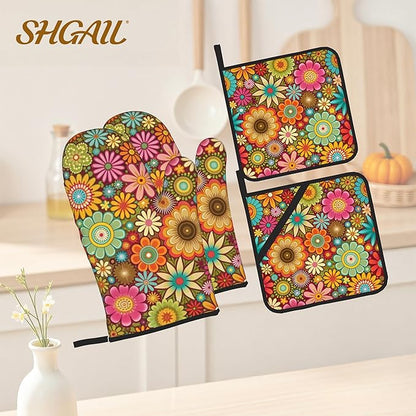 Mandala Flower Pattern Oven Gloves and Hot Pads Set - Heatproof Hand Protection for Baking, Grilling, Cooking 4Pcs