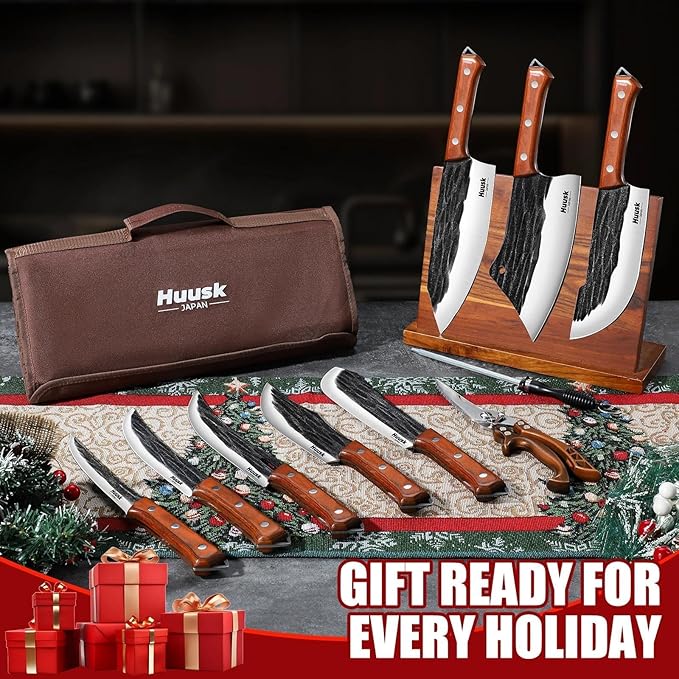 Huusk Butcher Knife Set, Hand Forged Butcher Chef Knife Set with Bag, Sharp Meat Cleaver & Bbq Carving Knives & Boning Breaking Knives for Kitchen & Camping, Christmas Gifts for Men Women - Image 2