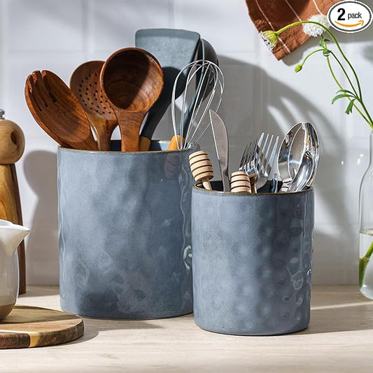 famiware Ocean Utensil Holder, 7.2"+5.8" Ceramic Kitchen Utensil Holder for Countertop, 2 Pieces Cooking Utensil Crocks, Utensil Organizer for Spatula & Spoon, Kitchen Decor, Set of 2, Blue by Famiware