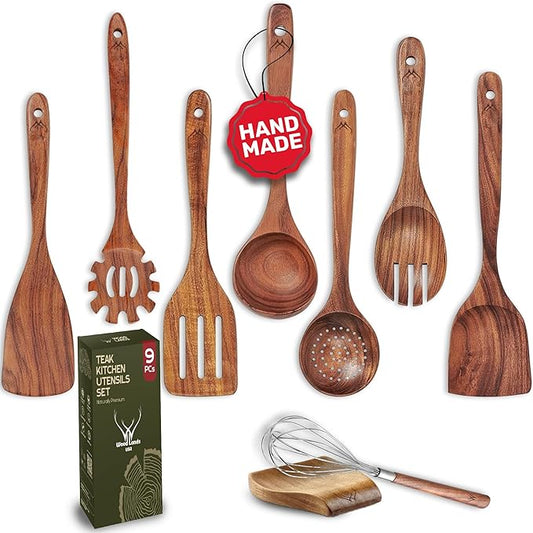 9 Pcs Teak Wooden Spoons for Cooking with Rest - Premium Utensils Set with Long Handles – Heat-Resistant Kitchen Tools for Stirring, Mixing, Serving – Durable Cooking Utensils Set with Spatula by WOODLANDSUSA