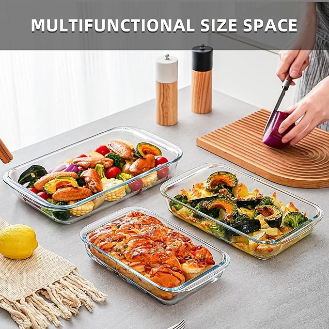 3 Pack High Borosilicate Glass Baking Dishes for Oven,(2.3QT,1.6qt,1.0QT),Rectangular Bakeware Sets,Deep Glass Casserole Dishes with Handle for Microwave,Oven,Baking,Meal Preparation - Image 3