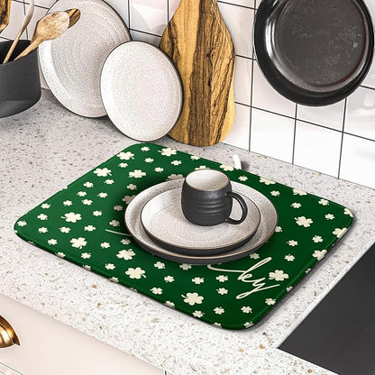 Giwawa St Patricks Day Dish Drying Mat Green Lucky Clovers Dish Drainer Mats 16"x18" Shamrock Holiday Microfiber Reversible Dish Drying Rack Pad Protector for Kitchen Countertop Small Decor