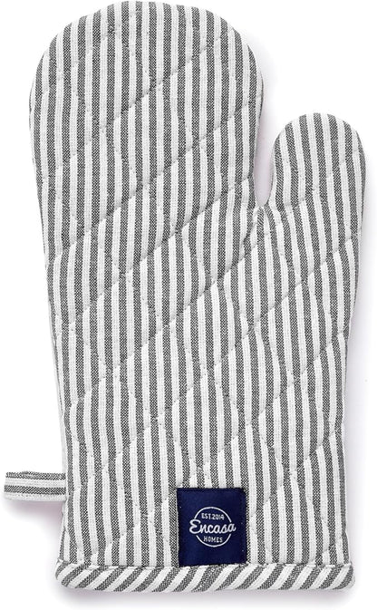 Encasa XO Long 12"x7" Oven Microwave Hand Gloves Mitts (2 pc Set) for Kitchen Cooking & Baking - Heat Resistant, Thick & Safe, Protection of Hands from Hot Utensils - Ticking Black