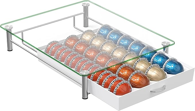 DecoBrothers Crystal Tempered Glass Vertuo Pod Holder Drawer, 28 Large or 56 Small Nespresso Capsule Organizer, White - Image 8