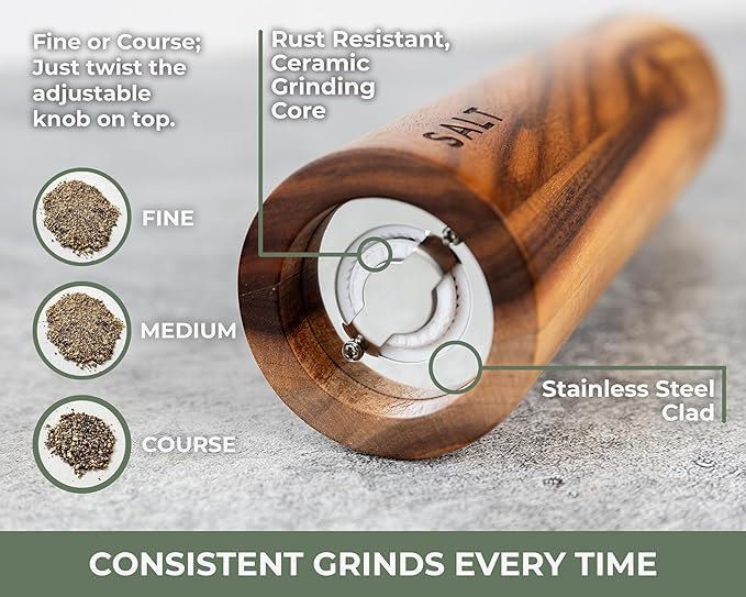 Saffron & Sage Premium Acacia Wood Salt and Pepper Grinder Set of 2-8” Tall Salt and Peppercorn Mill with Adjustable Coarse Settings, Rust Resistant, Smooth and Quality Grinding Mechanism