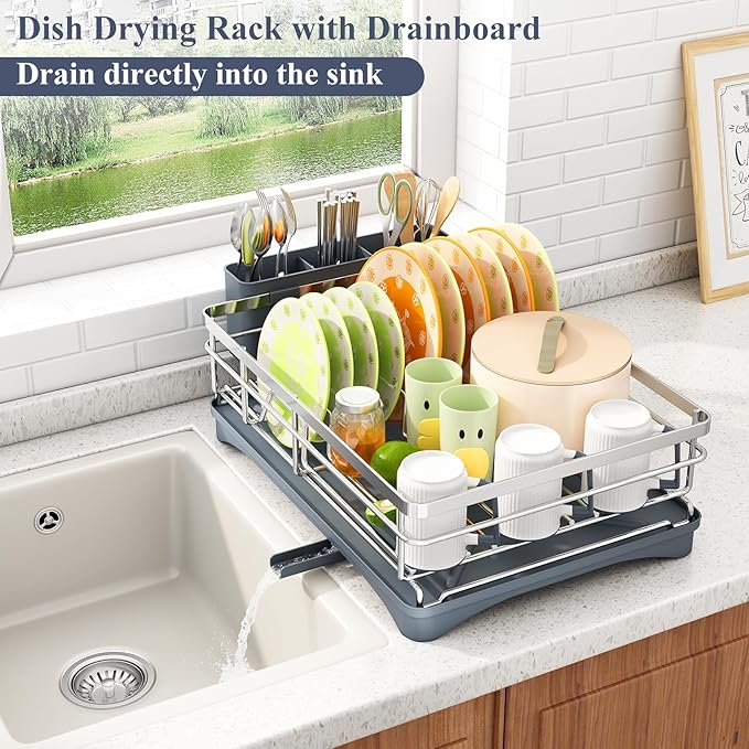 Dish Drying Rack - Stainless Steel Dish Rack for Kitchen Counter, Large-Capacity Dish Drainer with Cutlery Holder, Kitchen Organizer for Dishes, Spoons and Forks, Silver - Image 4