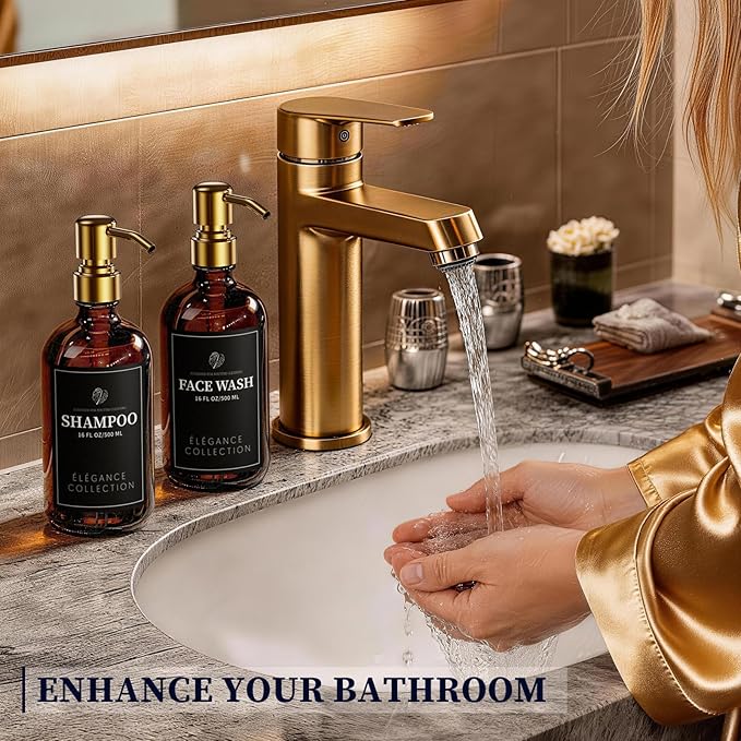 Amber Glass Soap Dispenser Set of 2, 16oz Hand and Dish Soap Dispenser for Kitchen & Bathroom, Gold Stainless Steel Pump, Non-Slip Base, 14 Waterproof Labels, Organic Decor - Image 7