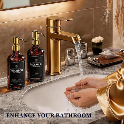 Amber Glass Soap Dispenser Set of 2, 16oz Hand and Dish Soap Dispenser for Kitchen & Bathroom, Gold Stainless Steel Pump, Non-Slip Base, 14 Waterproof Labels, Organic Decor - Image 7