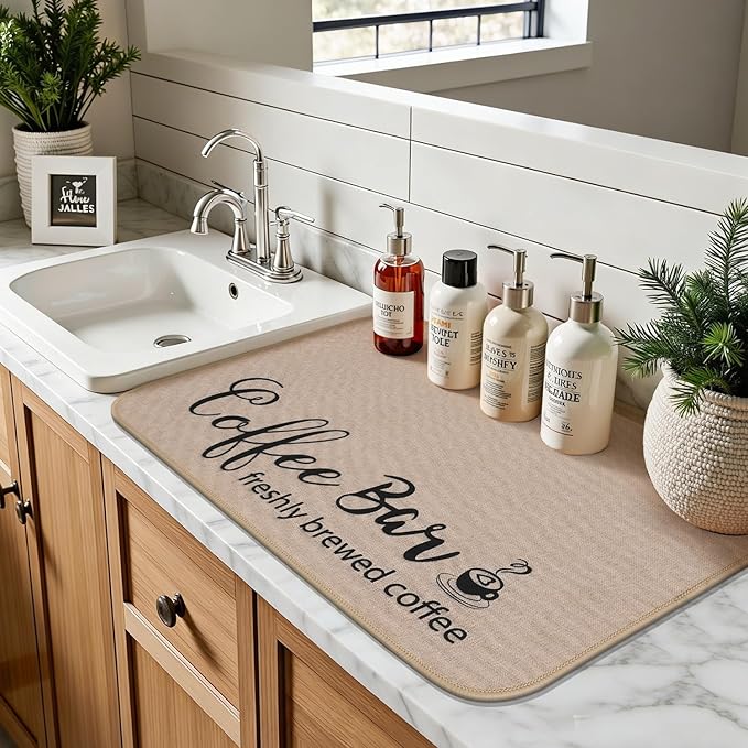 Findosom Dish Drying Mat, 16"x 24" Super Absorbent & Hide Stain Coffee Mat, Cuttable Drying Mat for Kitchen Counter, Coffee Bar Accessories, Under Dish Rack, Coffee Maker, Espresso Machine, Linen - Image 8