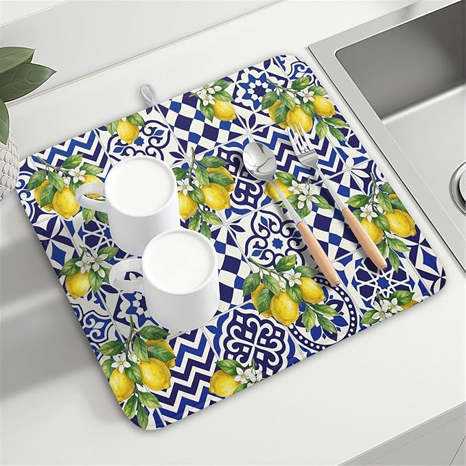 Lemon and Blue Tile Dish Drying Mat 16x18 Inch Absorbent Reversible Mexican Tilt Drying Mat Blue White Italy Lemons Dish Drying Rack Mat Summer Themed Dish Drainer Mat for Kitchen Counter Coffee Bar