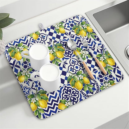 Lemon and Blue Tile Dish Drying Mat 16x18 Inch Absorbent Reversible Mexican Tilt Drying Mat Blue White Italy Lemons Dish Drying Rack Mat Summer Themed Dish Drainer Mat for Kitchen Counter Coffee Bar