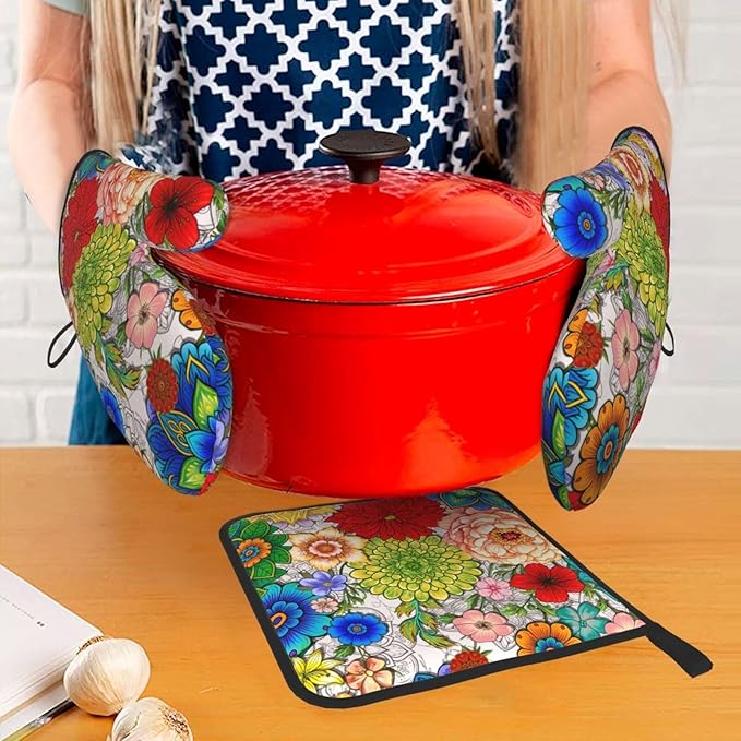 Boho Floral Oven Mitts and Pot Holders Set of 3,Cute Colorful Flowers Heat Resistant Non Slip Kitchen Oven Mitts and Hot Pads for Cooking, Kitchen Gifts for Baking Lovers, Housewarming Gifts for Women