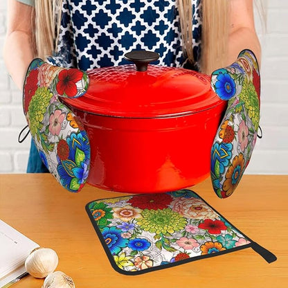 Boho Floral Oven Mitts and Pot Holders Set of 3,Cute Colorful Flowers Heat Resistant Non Slip Kitchen Oven Mitts and Hot Pads for Cooking, Kitchen Gifts for Baking Lovers, Housewarming Gifts for Women
