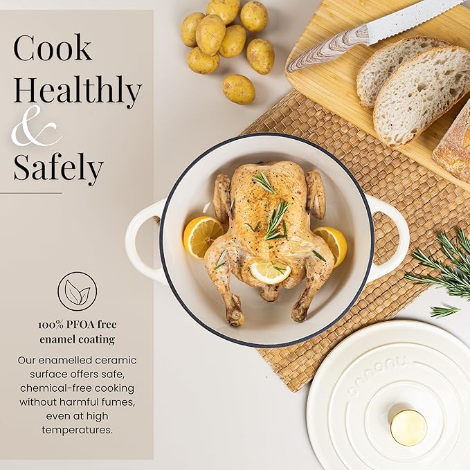 Cast Iron Pot with Lid – Non-Stick Ovenproof Enamelled Casserole Pot, Oven Safe up to 500° F – Sturdy Dutch Oven Cookware – Cream, 5-Quart, 24cm – by Nuovva - Image 4