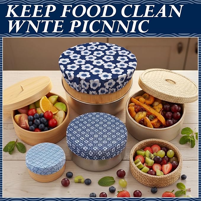 Patelai 10 Pcs Bowl Covers Reusable in 5 Size Stretch Cloth Fabric Elastic Food Storage Bowl Covers Bread Sourdough Lids for Proofing Food Fruits Leftover(Blue White,Geometric Style) - Image 4
